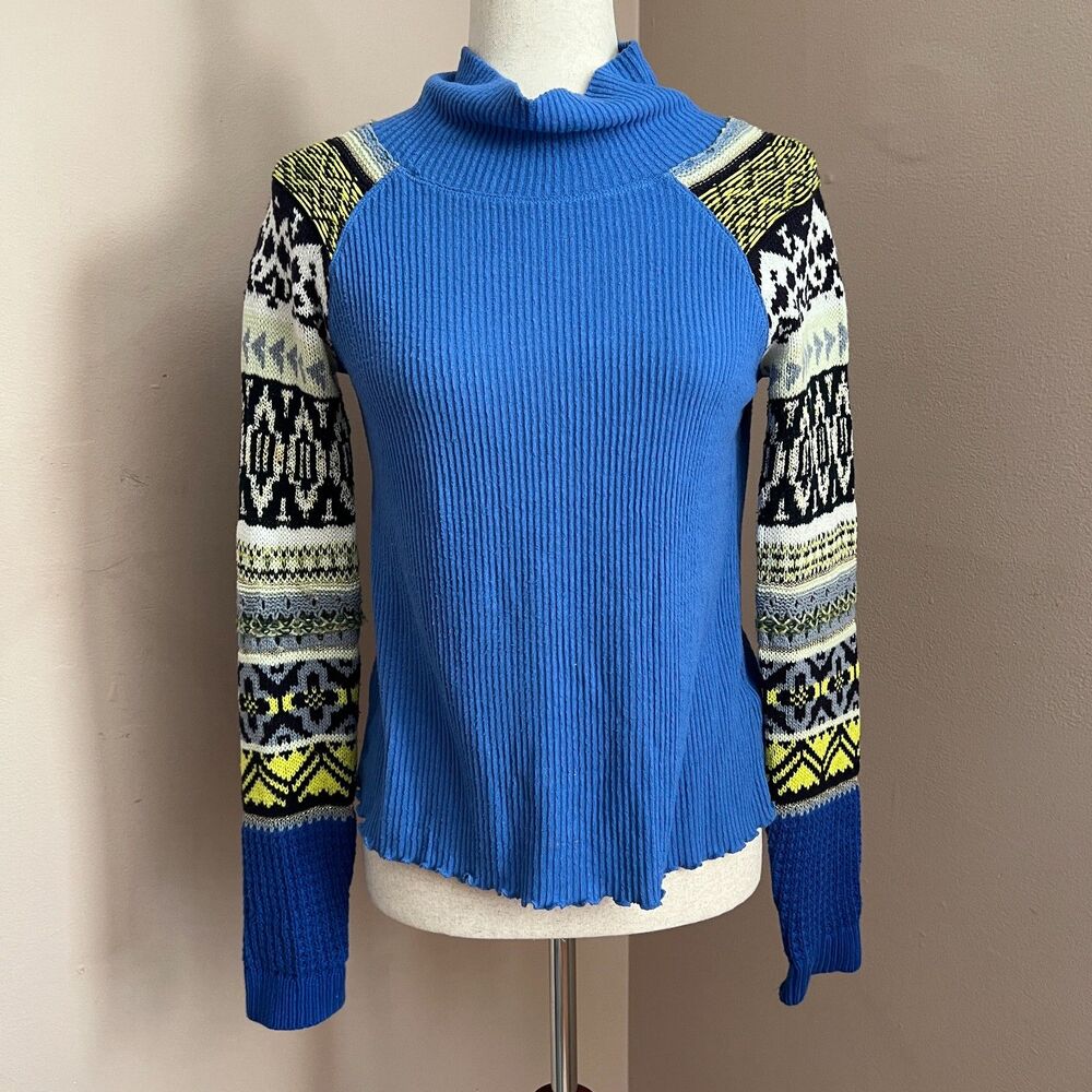 Free People Blue Ribbed Sweater Fair Isle Knit Sleeve Boho Cozy Festival Size XS